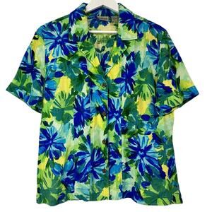Chico's Women’s Floral Watercolor Linen Top Short Sleeve Blue Green Size 1